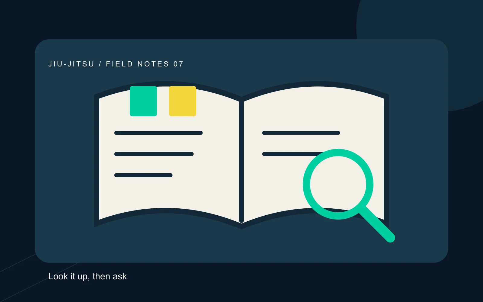 An open reference book with colored tabs and a magnifying glass.