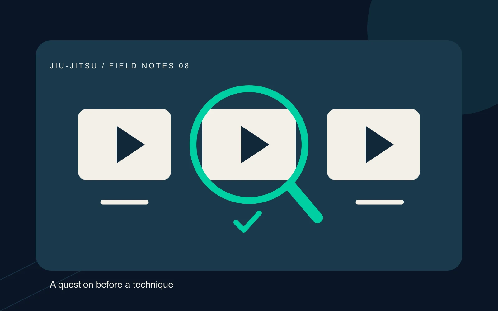 Three abstract video cards, with one selected by a magnifying glass and check mark.