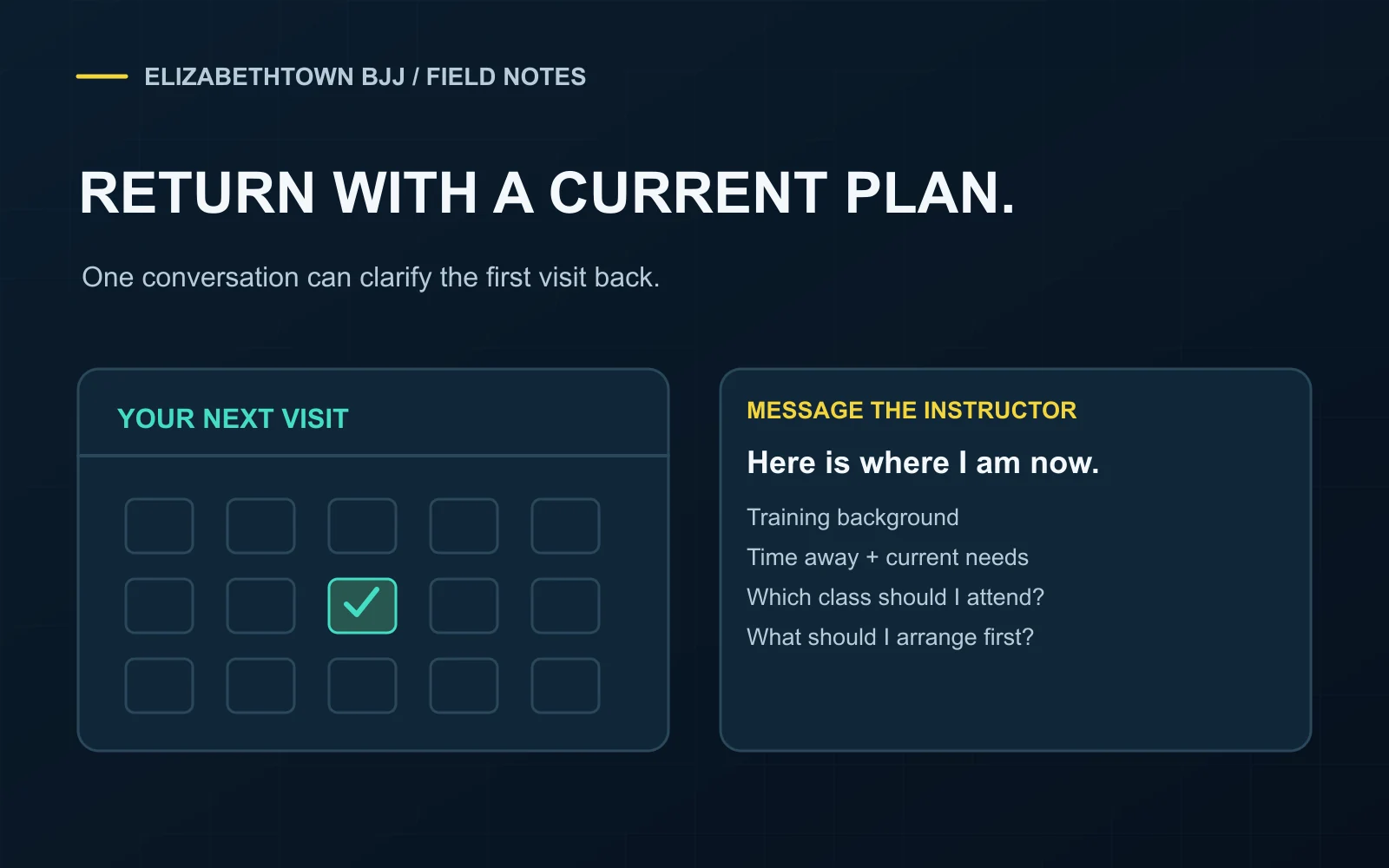 A calendar with one highlighted return visit beside a note listing experience, time away, current needs, and next class.